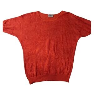 Helen Sue Vintage Knit Top Womens OS Coral Floral Batwing Short Sleeve 80s USA